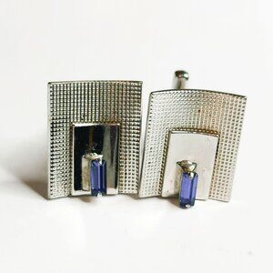 Vintage Hickok Silver Tone Cufflinks With Blue Gemstone Accents